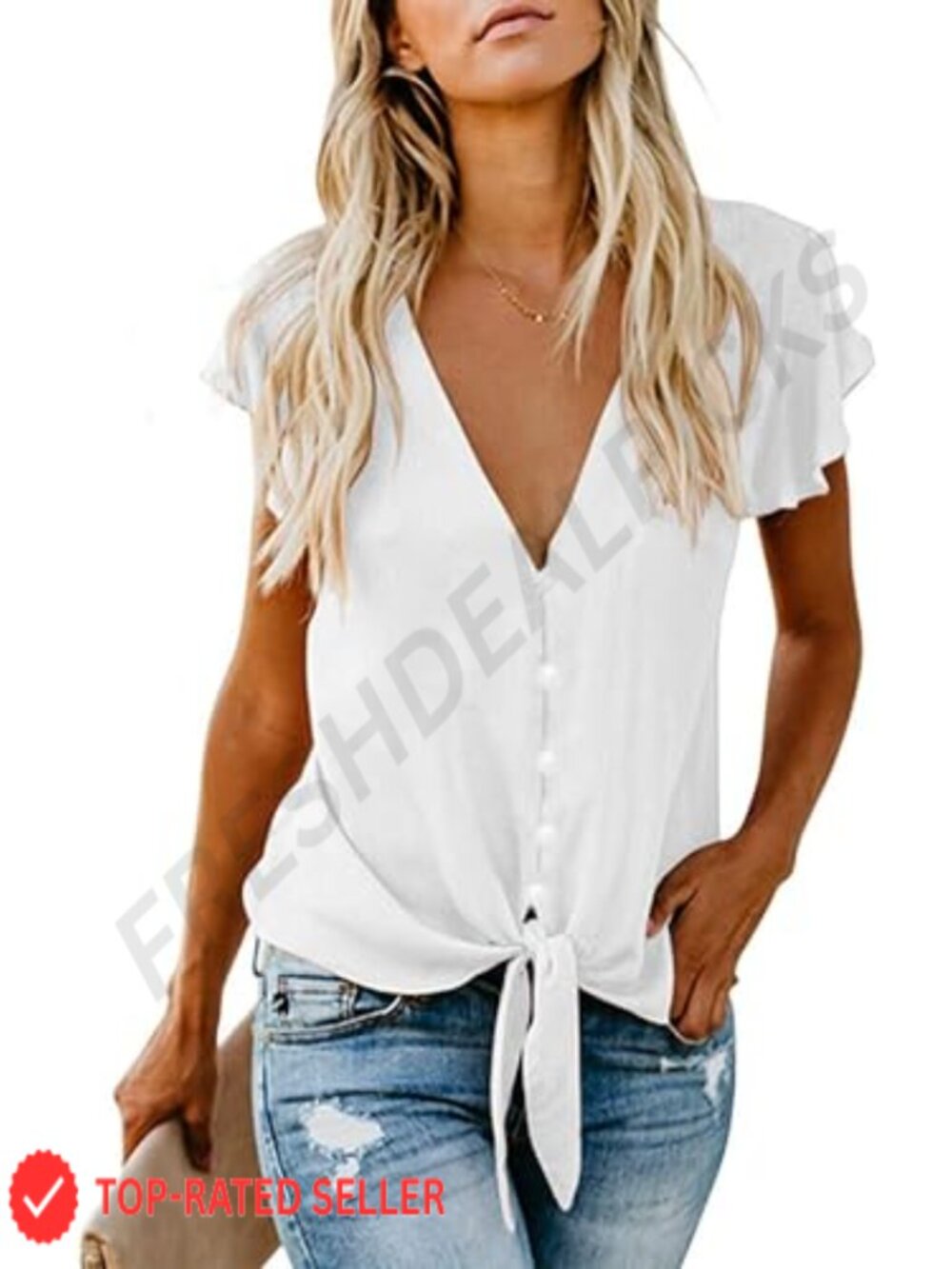 Patriotic Ruffle Sleeve V-Neck Tie Knot Blouse